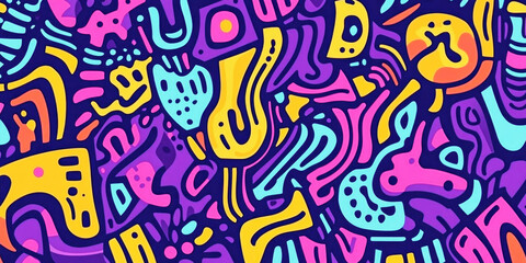 Vibrant modern doodle seamless pattern featuring bold shapes and neon colors in abstract design