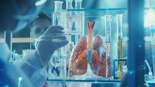 Close-up of scientist examining lung model with asthma symptoms, surrounded by medical research tools and charts in well-lit laboratory. Medical research, asthma study, and scientific investigation co