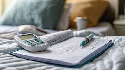 A blood glucose meter alongside a diabetes care journal and pen on a bedside table, illustrating personal health tracking and responsibility.