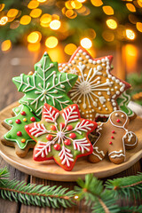 Christmas still life with sweet, snack, treat, candy, gingerbread and gold festive decoration on light gold background. New Year and Christmas holiday template for celebration, congratulation.