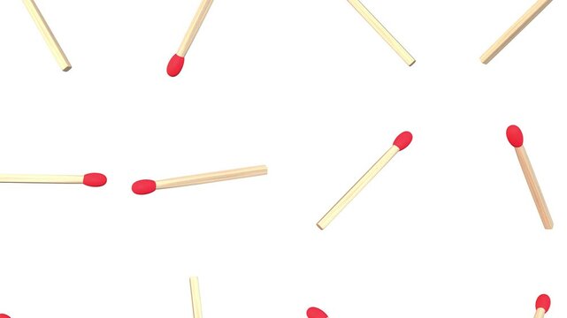 3D Render of Falling Wooden Matchsticks with Red Tips on a White Background. 4K