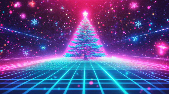 Neon glowing pine tree with falling snowflakes in a retro 80s Christmas wonderland
