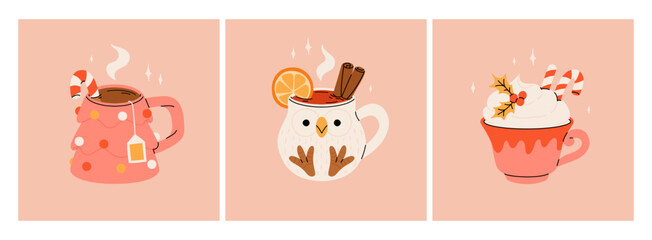 Obraz premium Christmas hot drink collection. Flat cartoon beverages. Holiday cute mugs with hot cocoa, coffee, and mulled wine. New year drinks decorated with sweets and candy. Isolated vector illustration