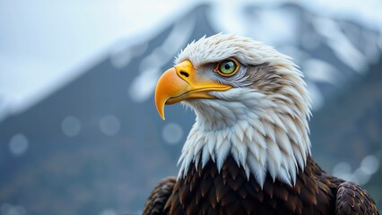 Fototapeta premium A majestic bald eagle perched against a misty mountain backdrop, showcasing its powerful beak and sharp gaze in the early morning light