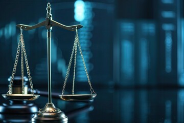 AI enhances justice with the scale and gavel of fairness. A close-up view of a balanced scale symbolizing justice, set against a blurred background of urban architecture.