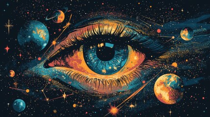 Eye surrounded by cosmic elements symbolizing intuition and spirituality