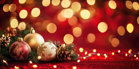 Festive golden bokeh lights sparkle against a rich red background during the Christmas season