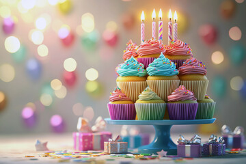 Charming Cupcake Tower with Lit Birthday Candles and Party Decorations