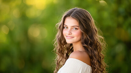 Naklejka premium Young Woman Smiling Naturally Amidst Lush Greenery in a Portrait Photo