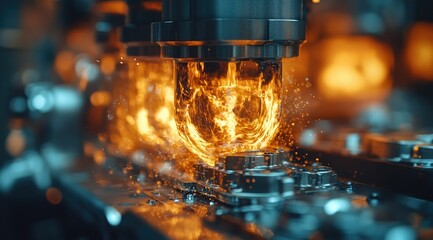 Close-up of a metalworking machine cutting metal with sparks flying.