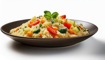 a serving of couscous with vegetables isolated on a white background highlighting a light and healthy grain dish