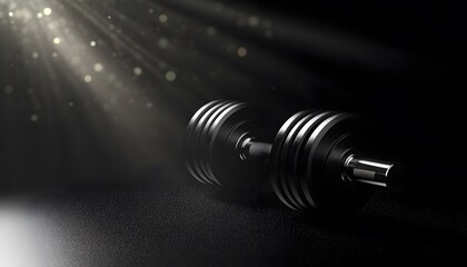 Close-up o modern dumbbells on a gym background with sunlight and a bokeh effect, in a black color theme. Modern Dumbbell close-up in a fitness club