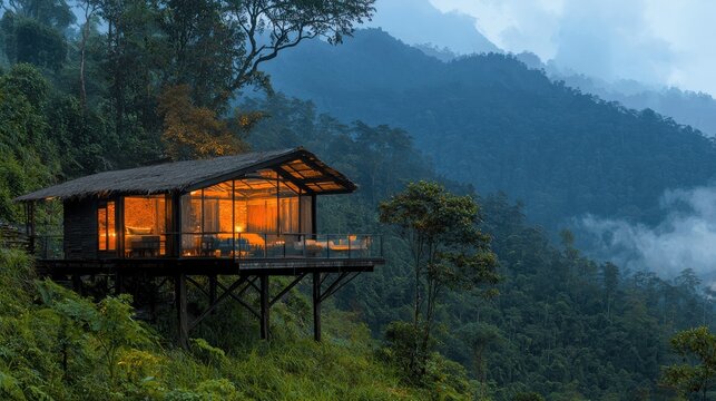 Experience ecotourism at a sustainable lodge mountain region eco-friendly retreat nature immersion green living concept