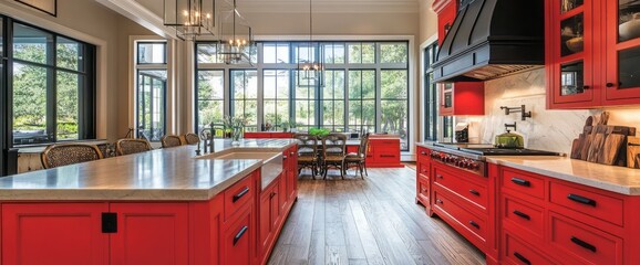 Modern Red Kitchen with Large Windows and Island