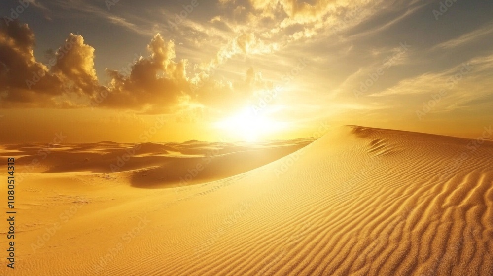 Poster a desert landscape with a sun setting in the background