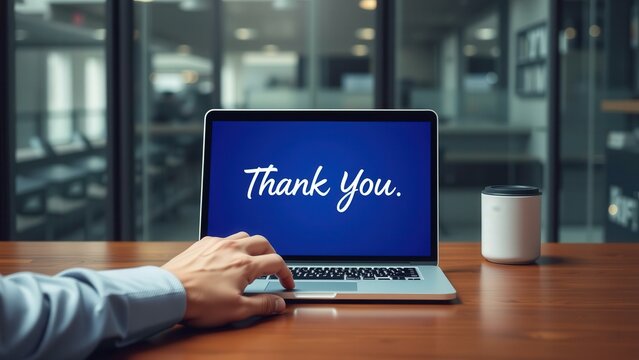 Express Gratitude with Professionalism: Thank You Message on Laptop Screen in Modern Office Setting