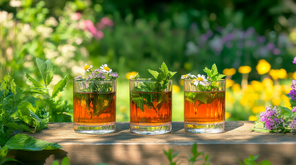 A photo of three glasses with tea, mint, and wild flowers on a wooden table in a garden, with a colorful, summer background