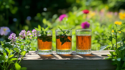 A photo of three glasses with tea, mint, and wild flowers on a wooden table in a garden, with a colorful, summer background