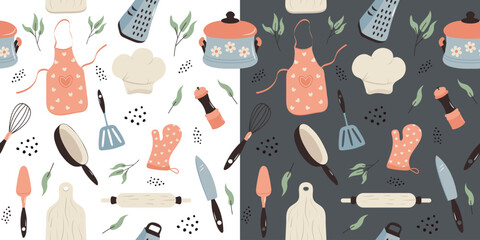 Seamless pattern with kitchen tools and accessories on white and dark backgrounds, hand-drawn. Vector design for fabric, wallpaper, wrapping paper and more.
