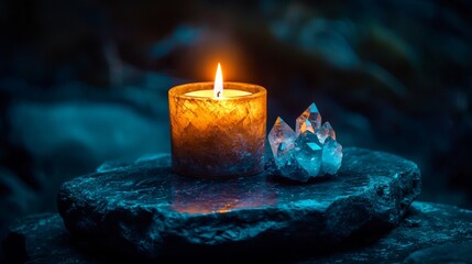 Dark room ambiance with candle crystal and stone slab