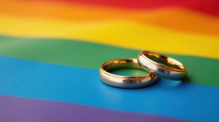Two Wedding Rings on a Rainbow Flag Celebrating Love