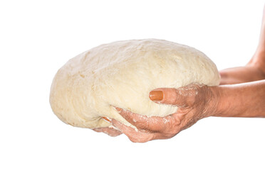 Hands holding a dough. It is ready for baking. Homemade pastries in the kitchen. Healthy eating lifestyle. Fresh raw dough in bakers hands isolated on white background
