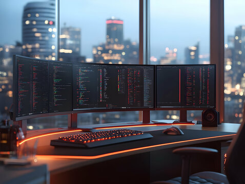 3D Illustration -  Coding Workstation, City View, Keyboard, Mouse, Monitors, Desk