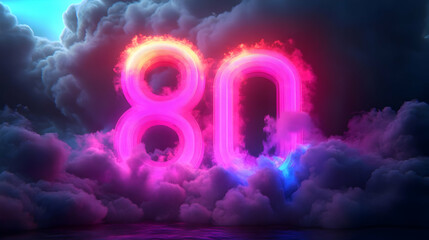 Obraz premium Neon Number 80 in Clouds 3D Illustration