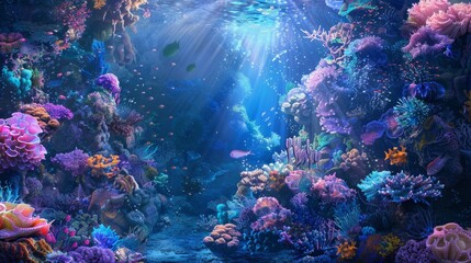Naklejka premium Surreal underwater texture background showcasing vibrant coral reefs and mysterious deep-sea creatures, inviting viewers into a fantastical ocean world