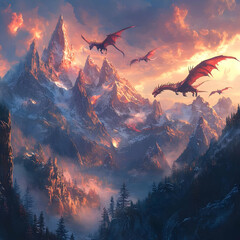 Illustration Dragons Soaring Over Volcanic Mountains at Sunset