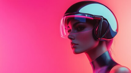 A futuristic mannequin wearing a sleek helmet under vibrant lighting