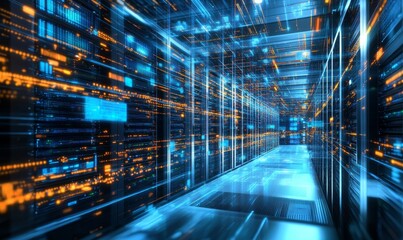 Advanced data center showcasing server cabinets and high tech equipment in cloud computing services