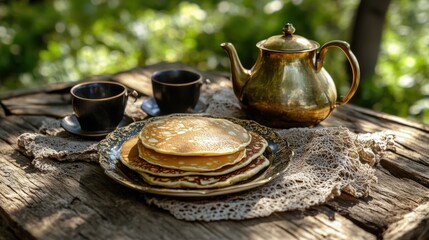Fototapeta premium Delicious pancakes served with tea on a rustic wooden table