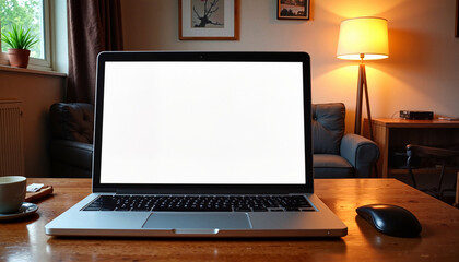 Laptop screen mockup on office desk. Laptop with blank screen on a wooden desk in a cozy living room.