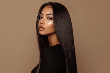 Naklejka premium Stunning portrait of an attractive woman with glossy long hair against a soft beige background