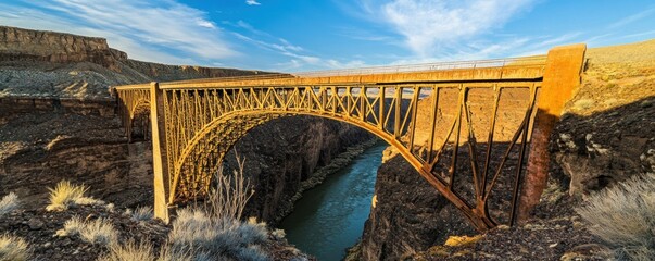Fototapeta premium A rusted bridge spans a canyon, with a river flowing beneath and a blue sky above.