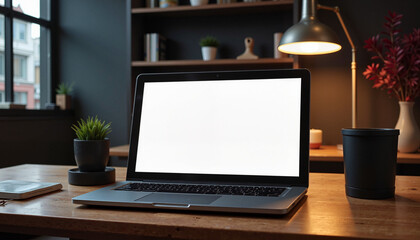 Laptop screen mockup on office desk. Laptop with blank screen on a wooden desk with dark decor.