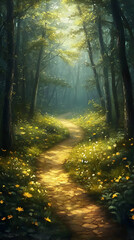 Obraz premium Illustration - Forest Path with Flowers and Sunlight