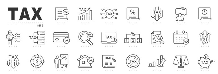 Set of tax related line icons. Payment, report, fee, percent etc. Editable stroke. Set 3