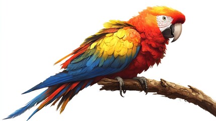 Obraz premium a 2D cartoon illustration of a parrot sitting on a branch, colorful and lively, white background--ar 16:9