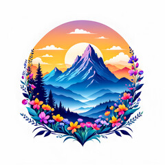 Obraz premium illustration of Mountain landscape at sunset surrounded by colorful flowers.