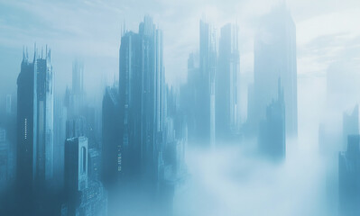 Fototapeta premium A foggy cityscape with tall buildings, creating a dreamy and ethereal atmosphere. The sky is overcast, and the mist obscures the view of the city's details