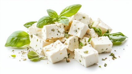 Pieces of cheese feta with green fresh basilic leaves isolated on white background