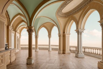 Obraz premium Vintage Airy Panoramic Artwork in Warm Beige and Mint with Classic Arch Design