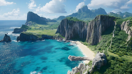 Fototapeta premium 3D Tropical Island Beach Ocean Cliffs Mountains Lush Green Landscape