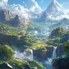 Illustration Majestic Mountain Valley Waterfall Landscape