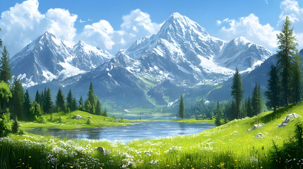 Illustration - Serene Mountain Lake Landscape with Wildflowers