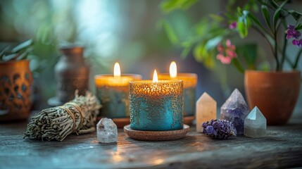 Altar setup with candles crystals sage bundle on table