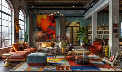 Large eclectic living room with mixed furniture styles, bold colors, and unique decor pieces, 4K hyperrealistic photo