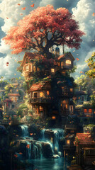 Illustration - Whimsical Treehouse Village with Waterfall